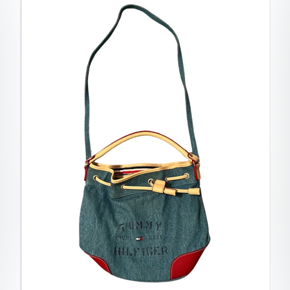 Vintage Y2K Tommy Hilfiger denim canvas bag with leather strap and drawstring